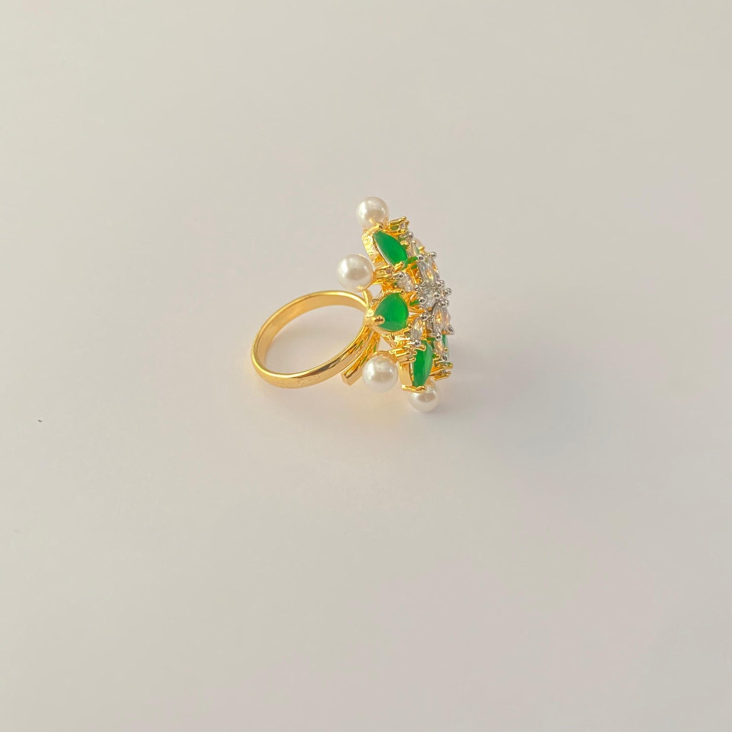 Floral Green Stone Gold Plated Adjustable Ring
