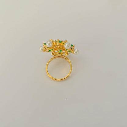 Floral Green Stone Gold Plated Adjustable Ring