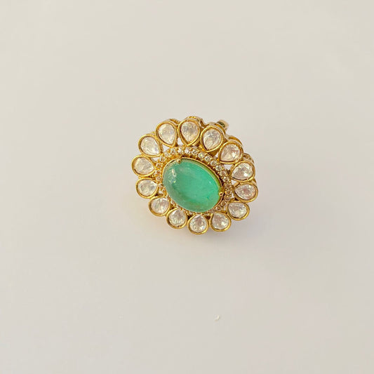 Polki mint  green gold plated adjustable ring