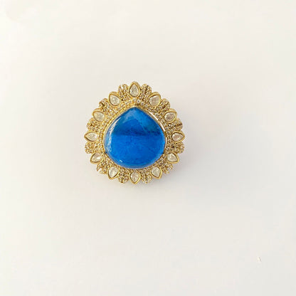 Polki blue gold plated adjustable ring