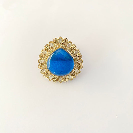 Polki blue gold plated adjustable ring