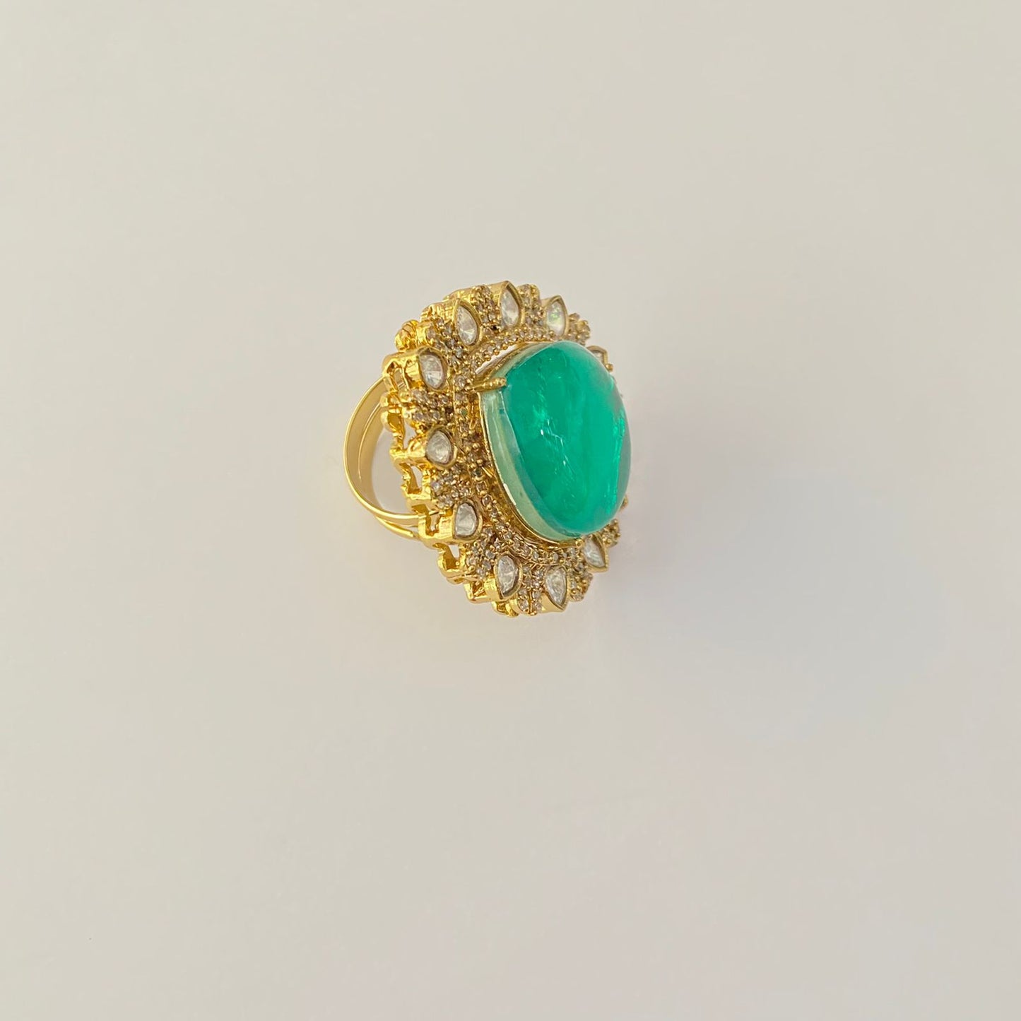 Polki green gold plated adjustable ring