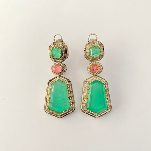 Oxidised Emerald diamond Drop Earring with back clip