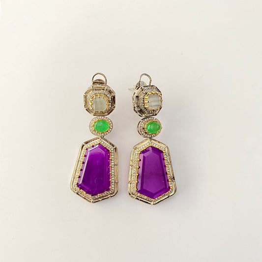 Oxidised purple diamond Drop Earring with back clip