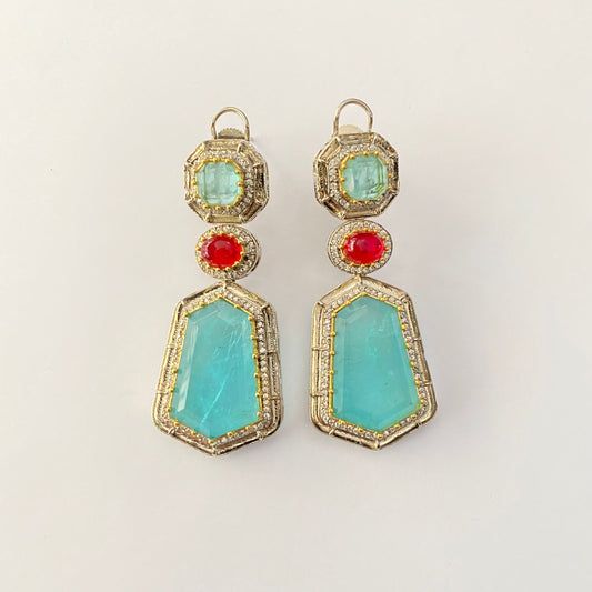 Oxidised aqua diamond Drop Earring with back clip