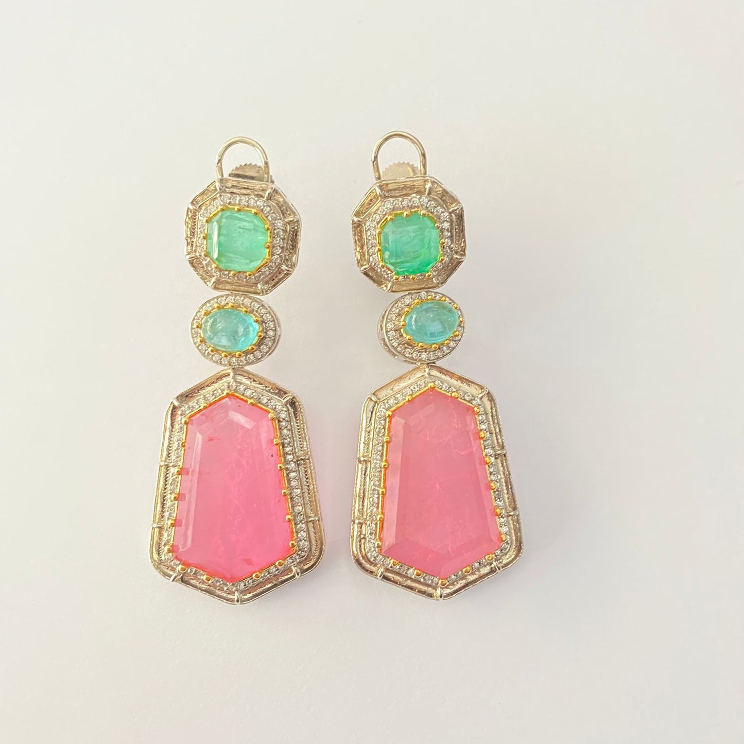 Oxidised pink and aqua diamond Drop Earring with back clip