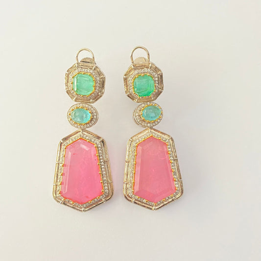 Oxidised pink and aqua diamond Drop Earring with back clip