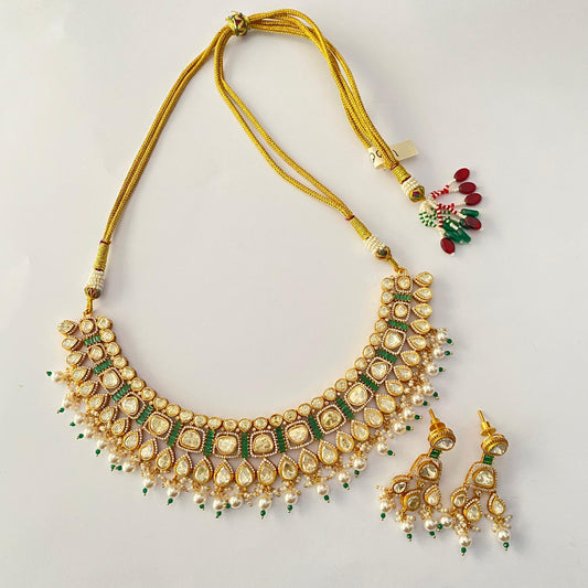 Gold Plated kundan green necklace set