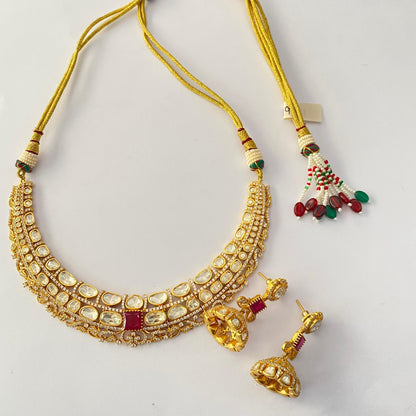 Gold Plated kundan ruby with diamond necklace set