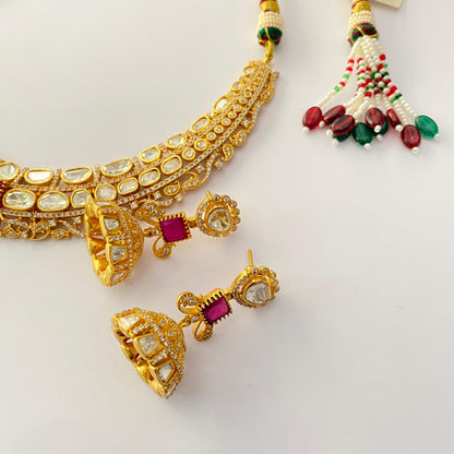 Gold Plated kundan ruby with diamond necklace set