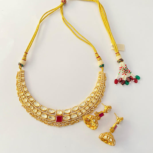 Gold Plated kundan ruby with diamond necklace set