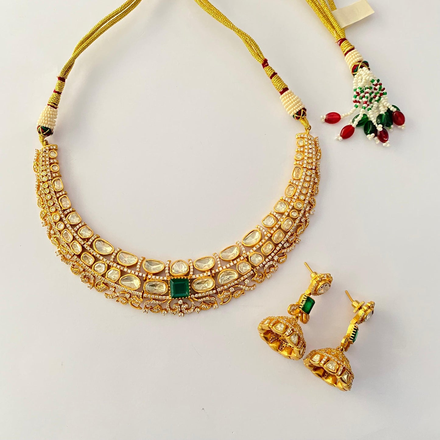 Gold Plated kundan green with diamond necklace set