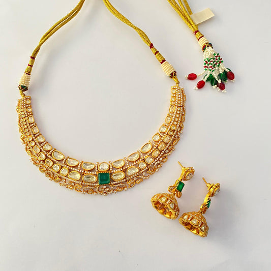 Gold Plated kundan green with diamond necklace set