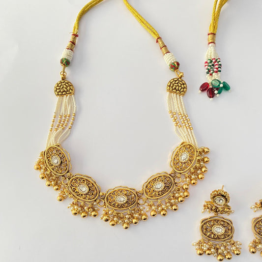 Temple Gold Plated with small pearl Necklace Set