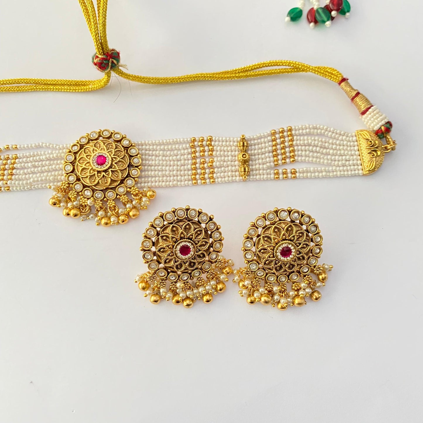 Temple Gold Plated ruby small pearl Necklace set