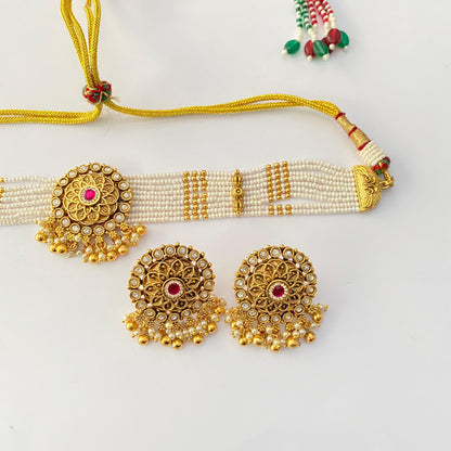 Temple Gold Plated ruby small pearl Necklace set