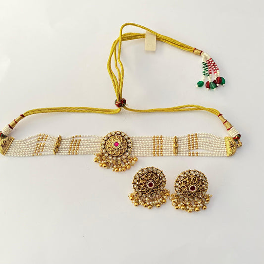 Temple Gold Plated ruby small pearl Necklace set