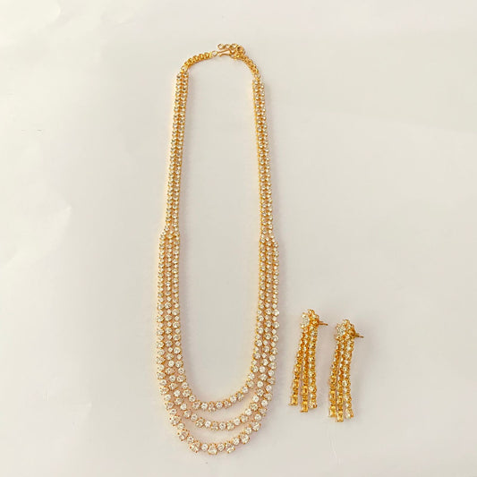 Gold Plated Long Three Line Diamond Necklace Set