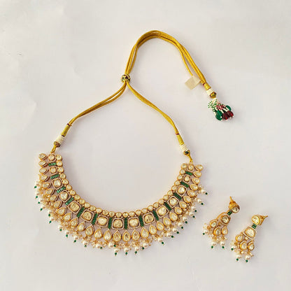 Gold Plated kundan green necklace set