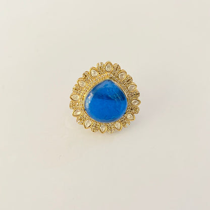 Antique Gold Kundan Blue stone adjustable Ring