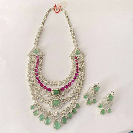 Pink Mint Silver plated multi Layer Diamond Necklace Set