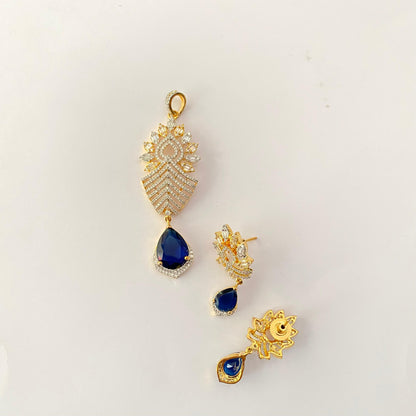Gold plated A.D with Blue drop stone Pendant set