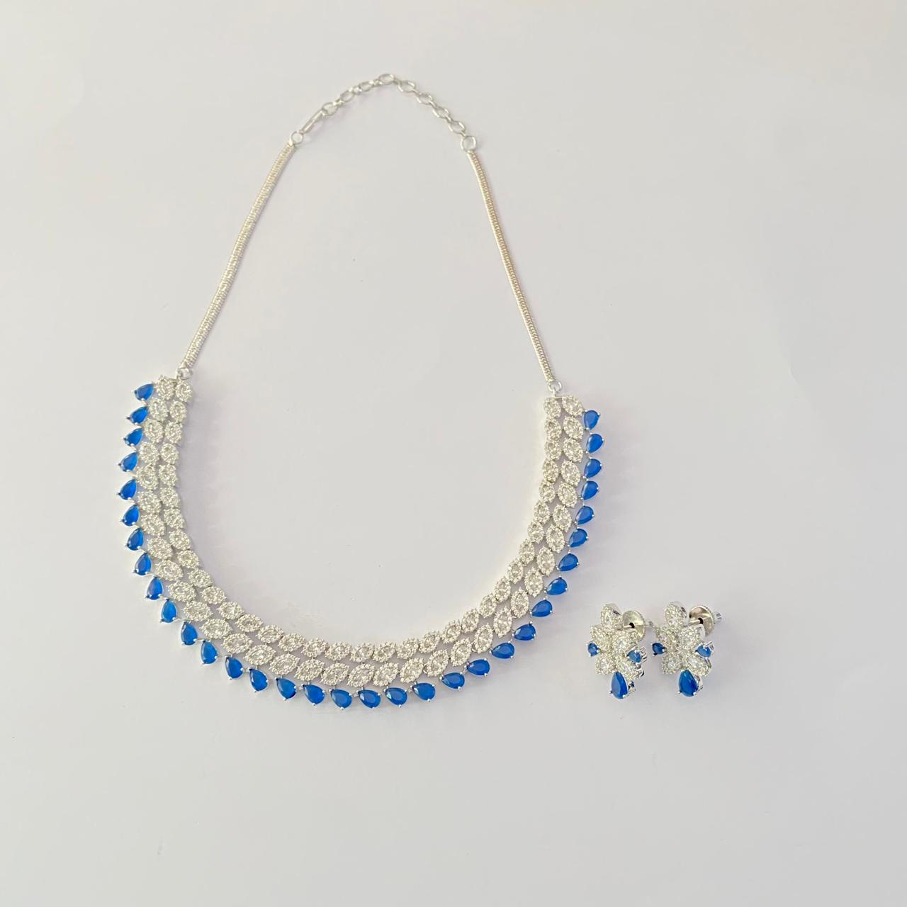 Silver Plated Blue with small Diamond Necklace Set