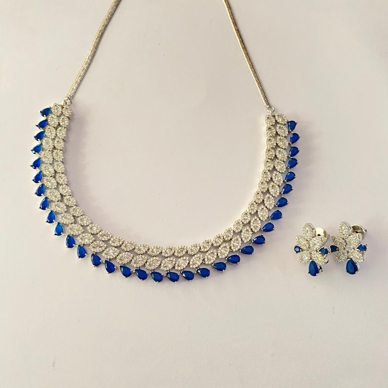 Silver Plated Blue with small Diamond Necklace Set