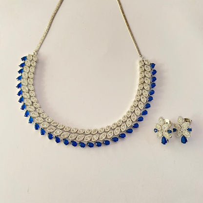 Silver Plated Blue with small Diamond Necklace Set