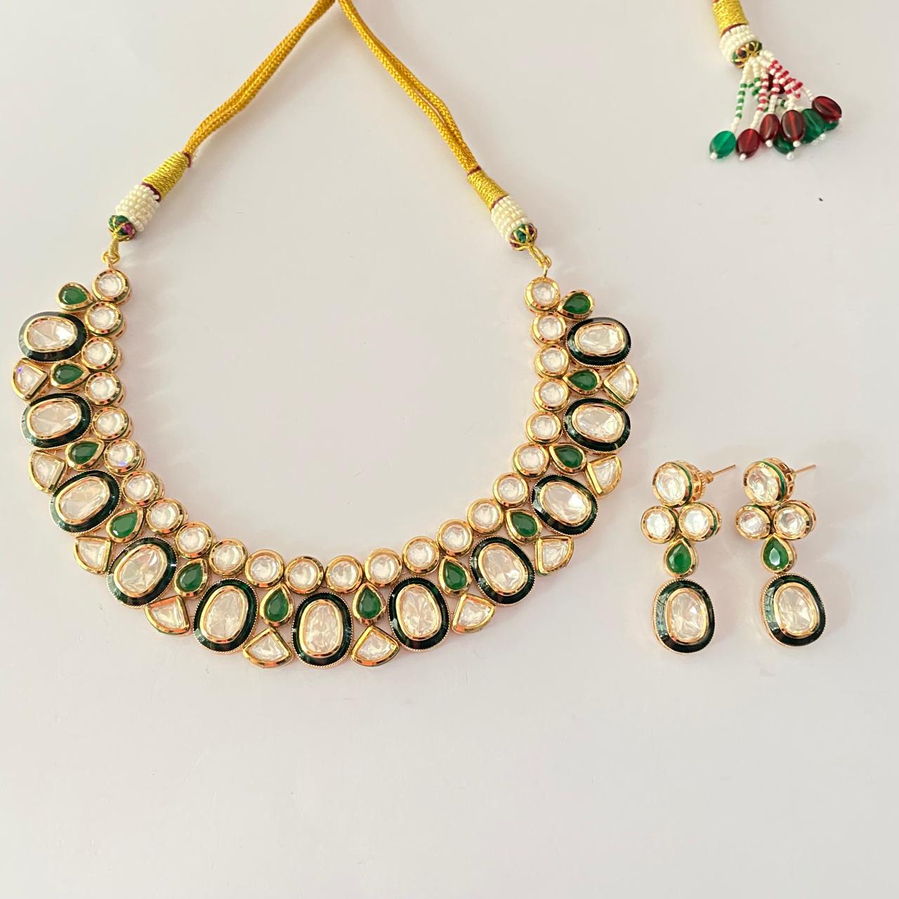 Kundan Polki green and black  Necklace set