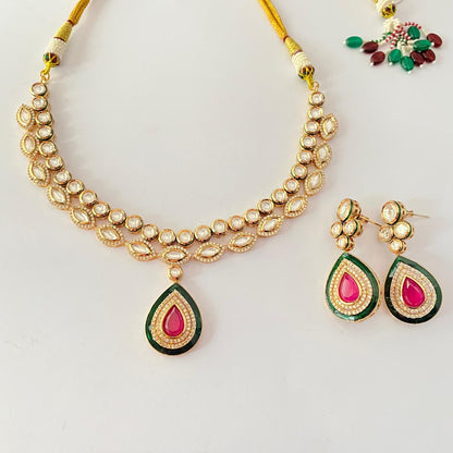 Kundan Polki ruby with diamond Necklace set