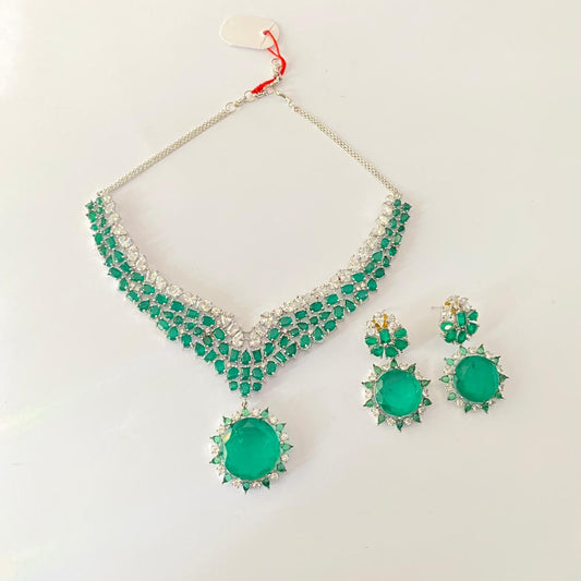Diamond Emerald silver plated classic party wear Necklace Set