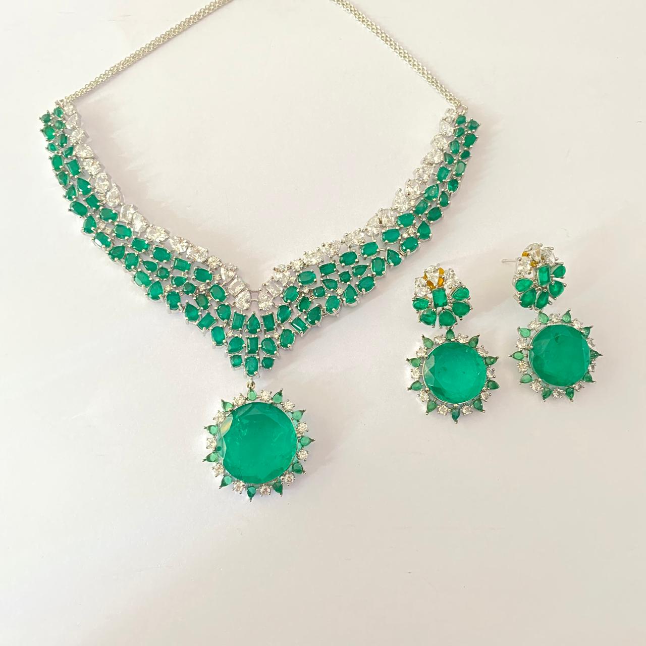 Diamond Emerald silver plated classic party wear Necklace Set