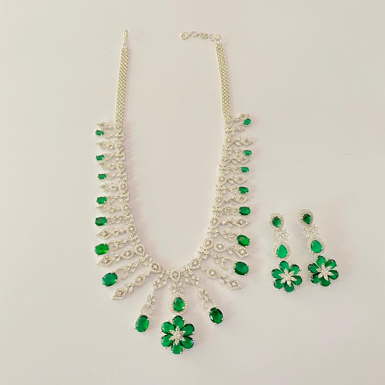 Diamond Silver plated  Emerald classic party wear Necklace set