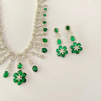 Diamond Silver plated  Emerald classic party wear Necklace set