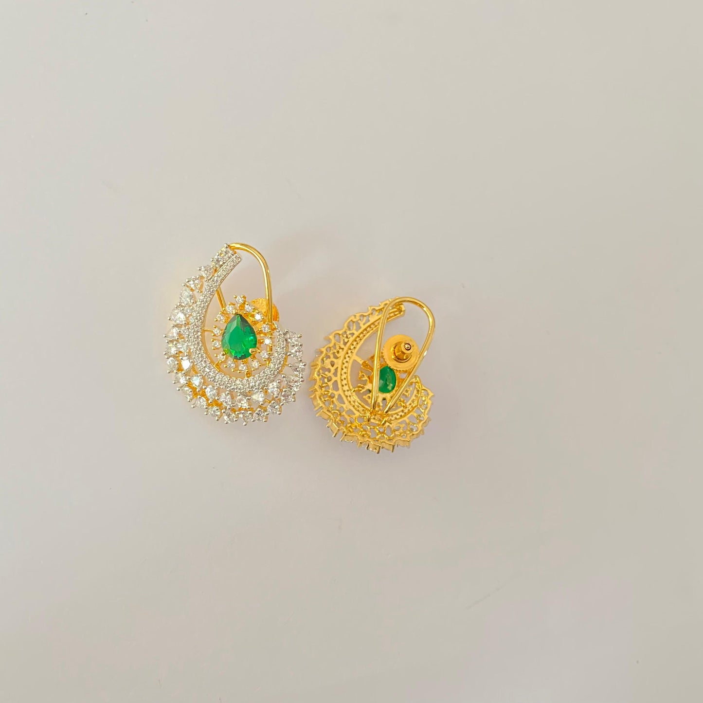 Gold Plated Emerald and Diamond Stud with Back Clip