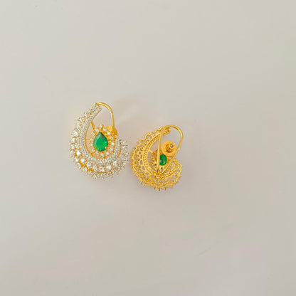 Gold Plated Emerald and Diamond Stud with Back Clip
