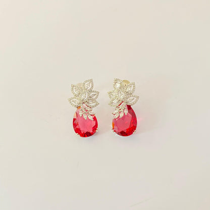 Silver Plated Diamond with Ruby Teardrop Earring