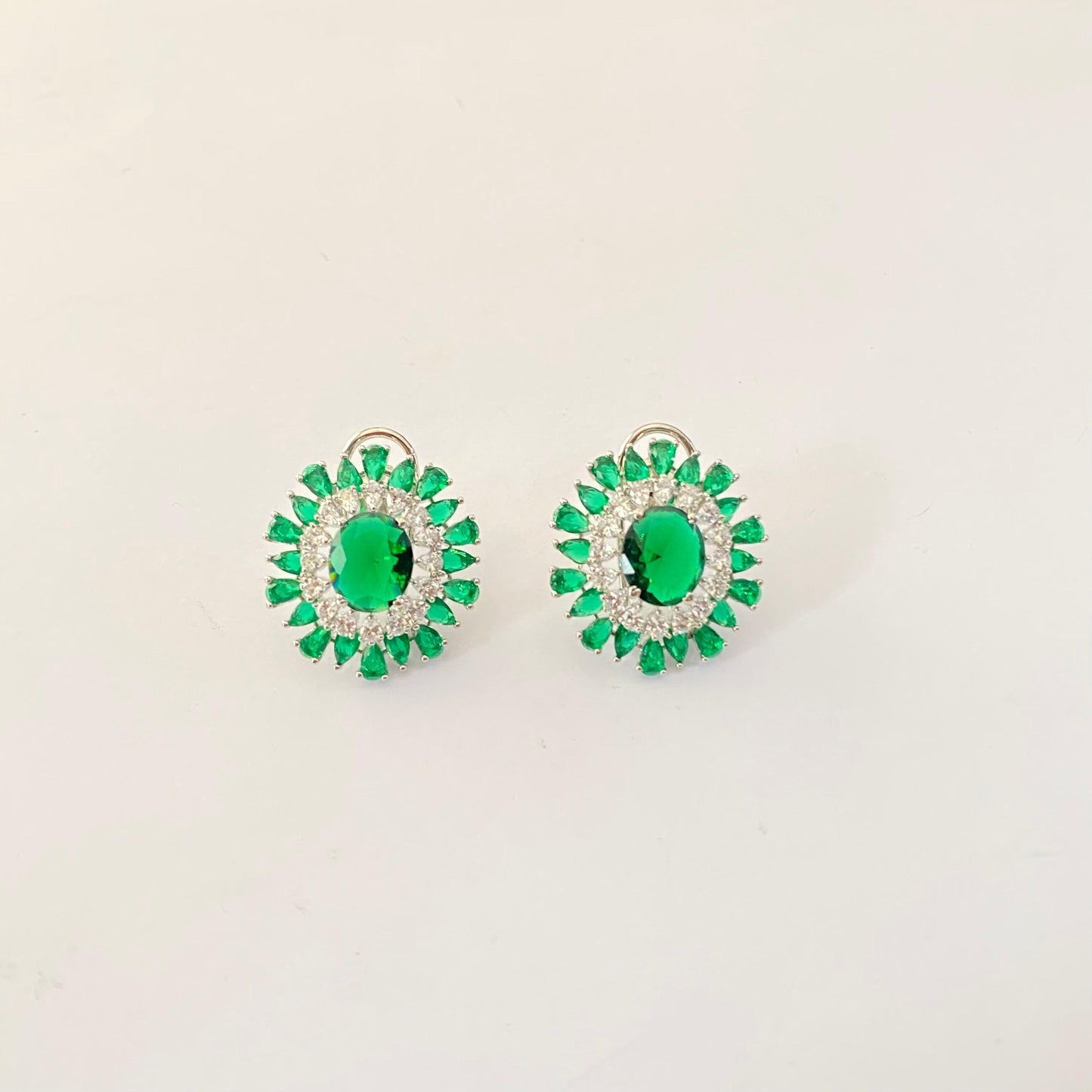 Emerald Silver Plated Big Stud with Back Clip