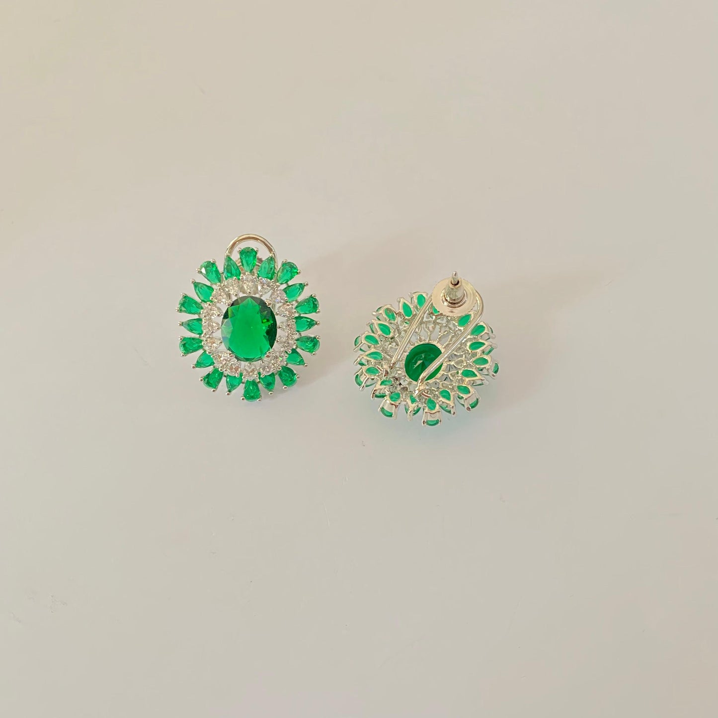 Emerald Silver Plated Big Stud with Back Clip
