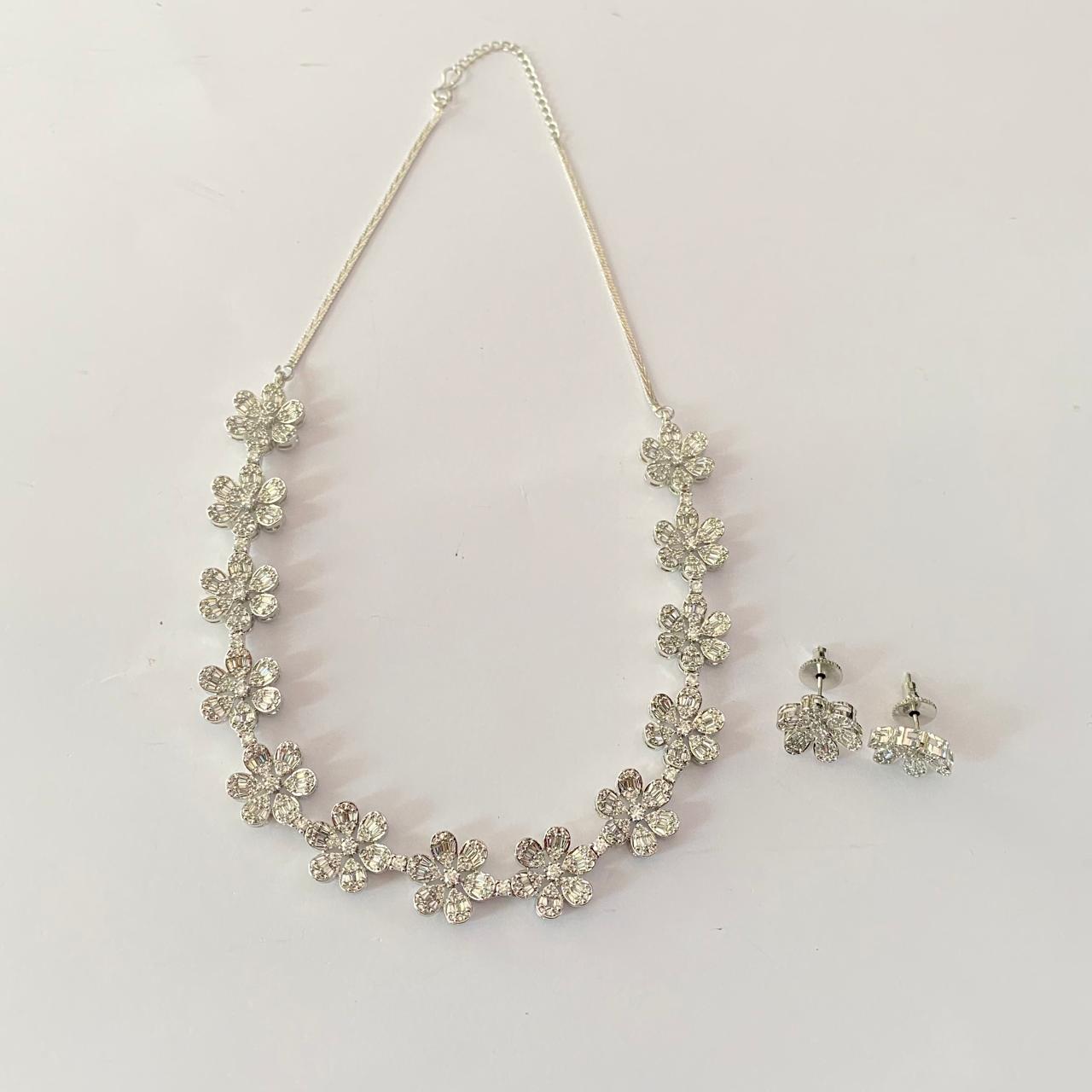 silver plated diamond flower design  Necklace set for women
