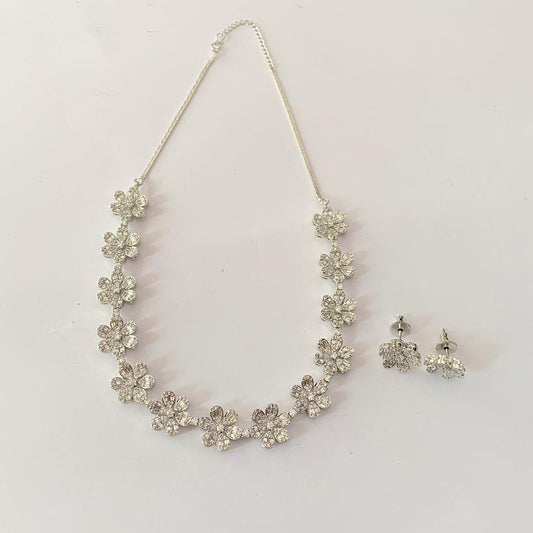 silver plated diamond flower design  Necklace set for women