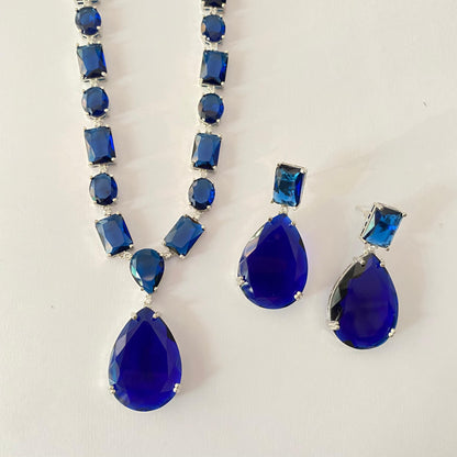 Dazzling Blue Stone Studded Necklace Set in Silver Plated