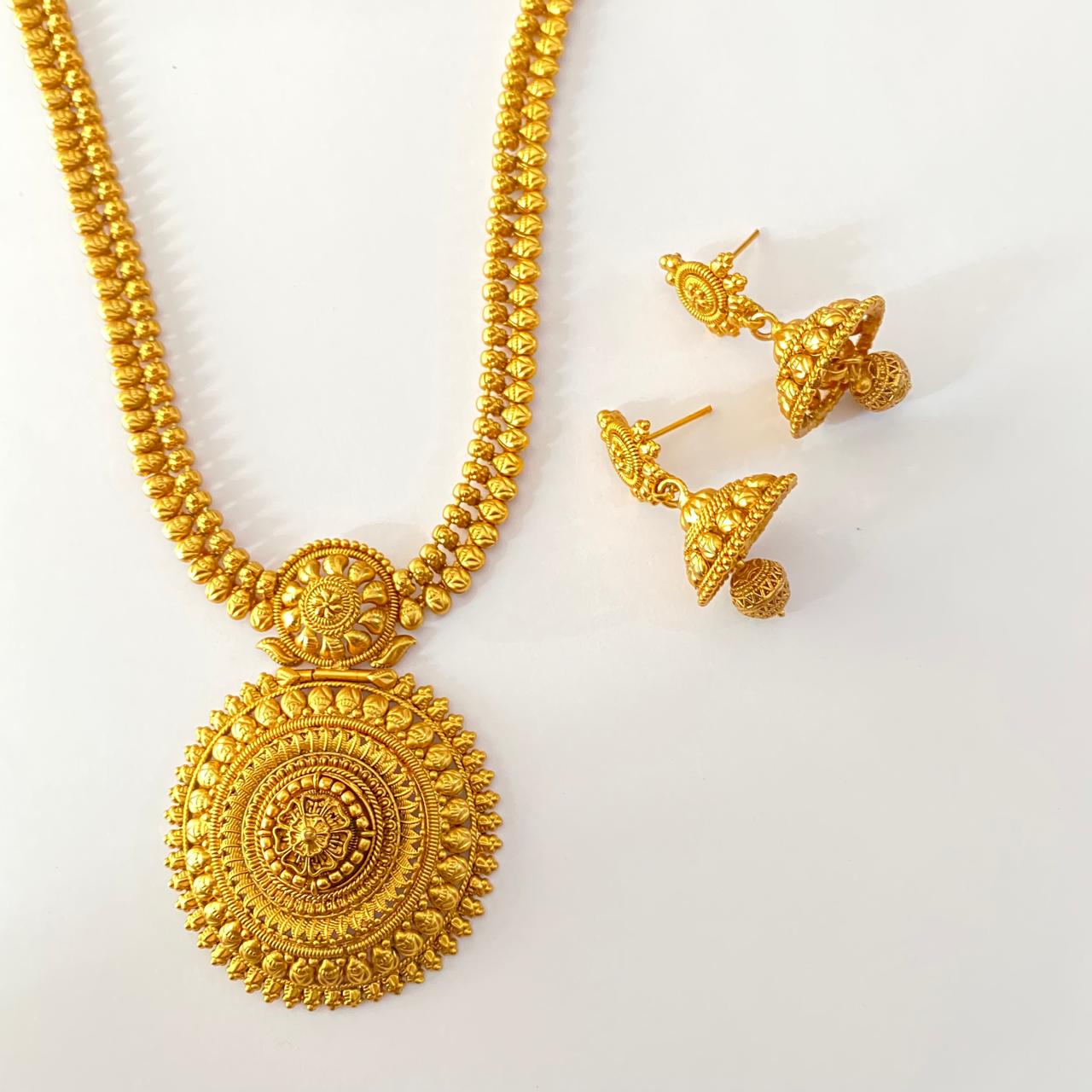 Gold Plated Temple Traditional Long Necklace Set