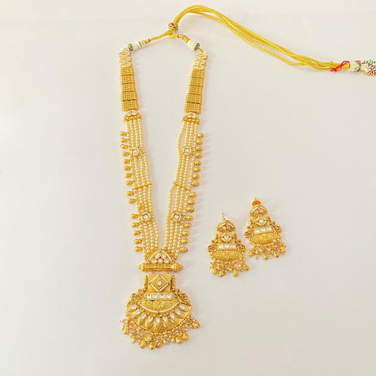 Gold Plated Temple with pearl long Necklace Set