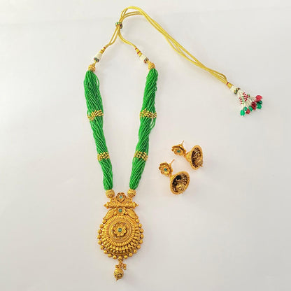 Gold Plated Temple with emerald string long Necklace Set