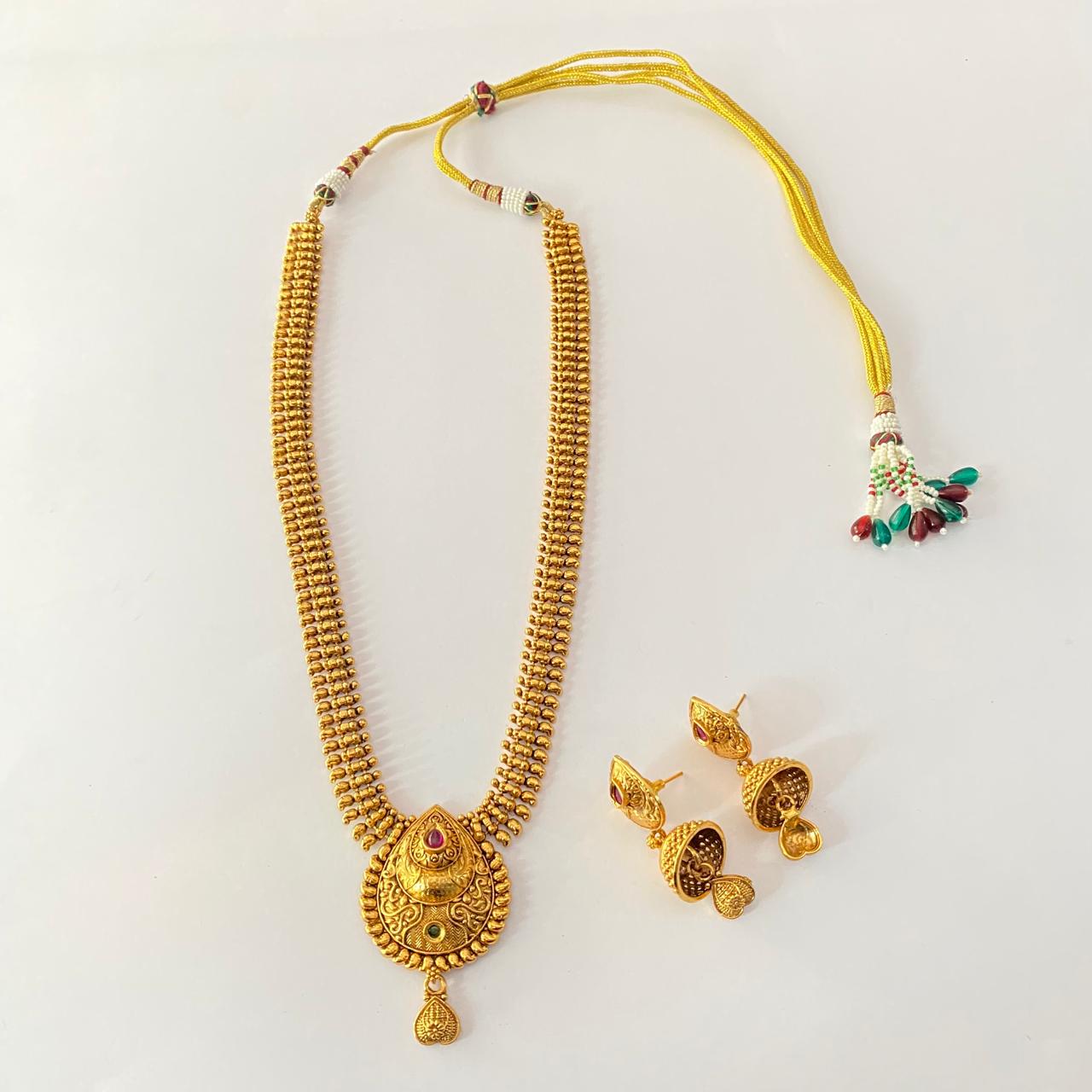 Gold Plated Temple latest design long Necklace Set