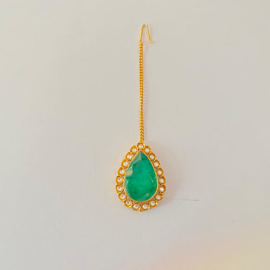 Green Stone Drop Shape Gold Plated Mangtika
