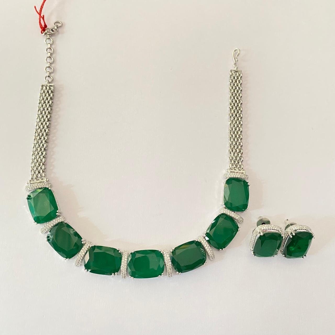 Emerald Big Stone Necklace Set in Silver Plated