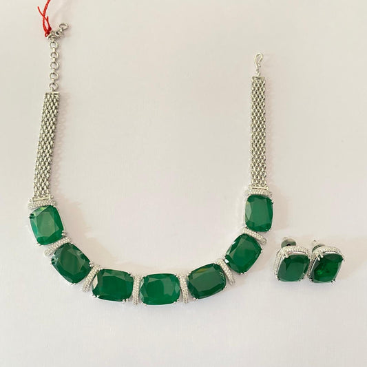 Emerald Big Stone Necklace Set in Silver Plated
